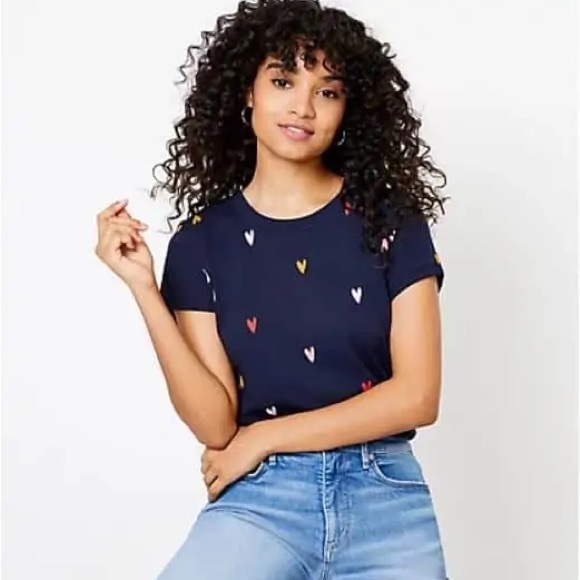 LOFT Navy Tee with Embroidered Hearts Size Small - Picture 1 of 5